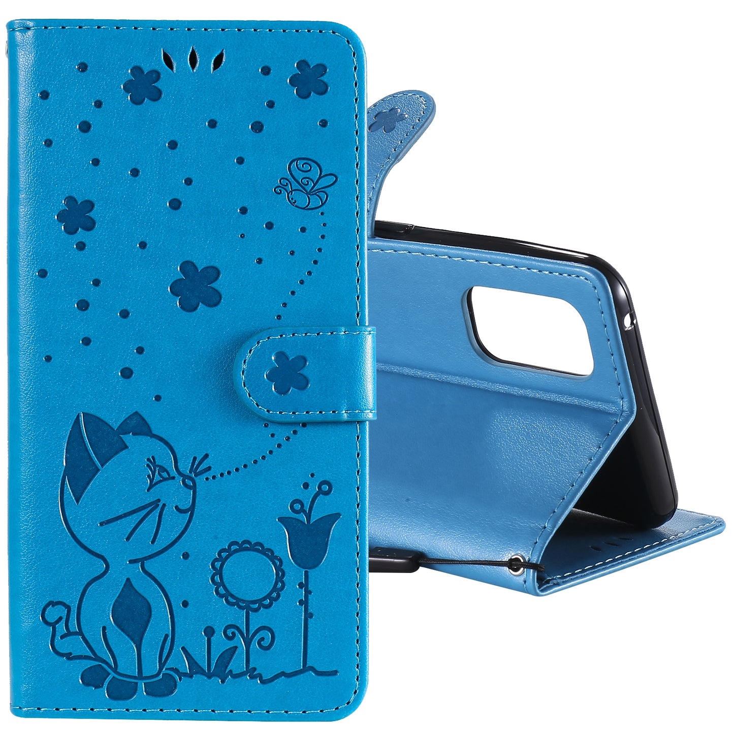 For OPPO Realme 7 Pro Cat and Bee Embossed Flip Leather Phone Case Wallet Cover with Card Slots Cash Pocket Magnetic Stand Protective Shockproof TPU PU Leather Case with Wrist Strap