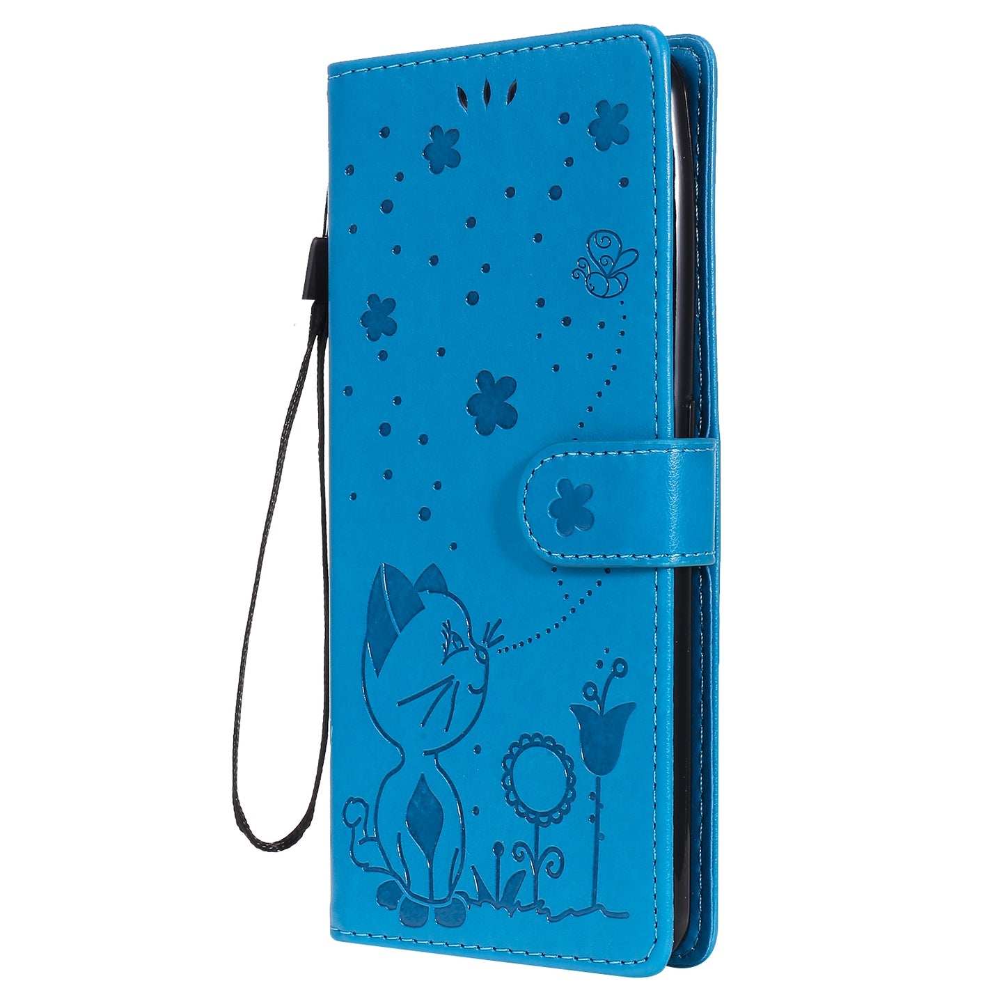 For OPPO Realme 7 Pro Cat and Bee Embossed Flip Leather Phone Case Wallet Cover with Card Slots Cash Pocket Magnetic Stand Protective Shockproof TPU PU Leather Case with Wrist Strap