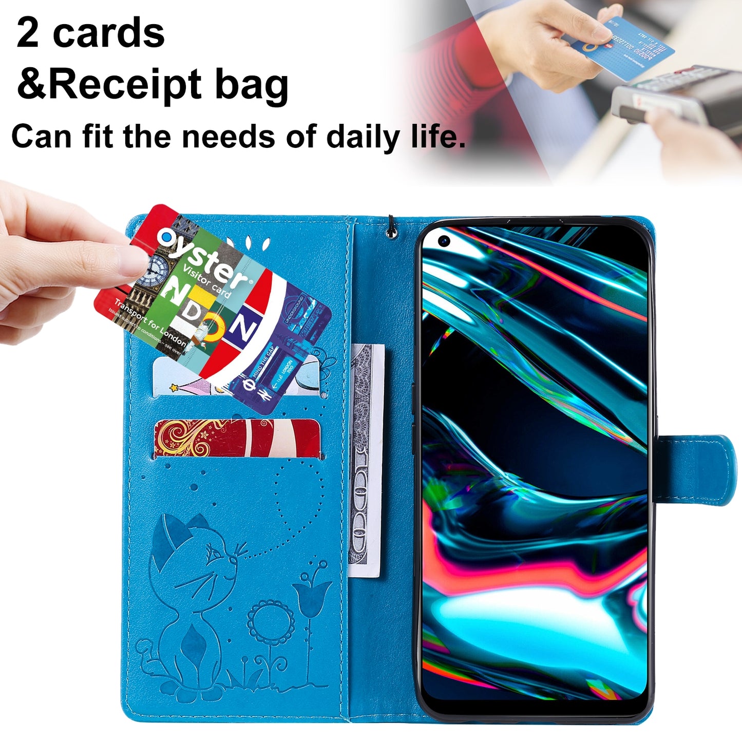 For OPPO Realme 7 Pro Cat and Bee Embossed Flip Leather Phone Case Wallet Cover with Card Slots Cash Pocket Magnetic Stand Protective Shockproof TPU PU Leather Case with Wrist Strap
