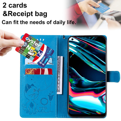 For OPPO Realme 7 Pro Cat and Bee Embossed Flip Leather Phone Case Wallet Cover with Card Slots Cash Pocket Magnetic Stand Protective Shockproof TPU PU Leather Case with Wrist Strap