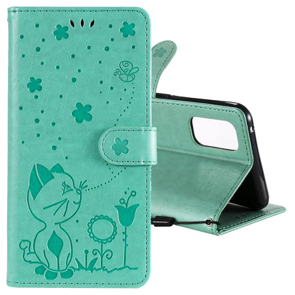 For OPPO Realme 7 Pro Cat and Bee Embossed Flip Leather Phone Case Wallet Cover with Card Slots Cash Pocket Magnetic Stand Protective Shockproof TPU PU Leather Case with Wrist Strap