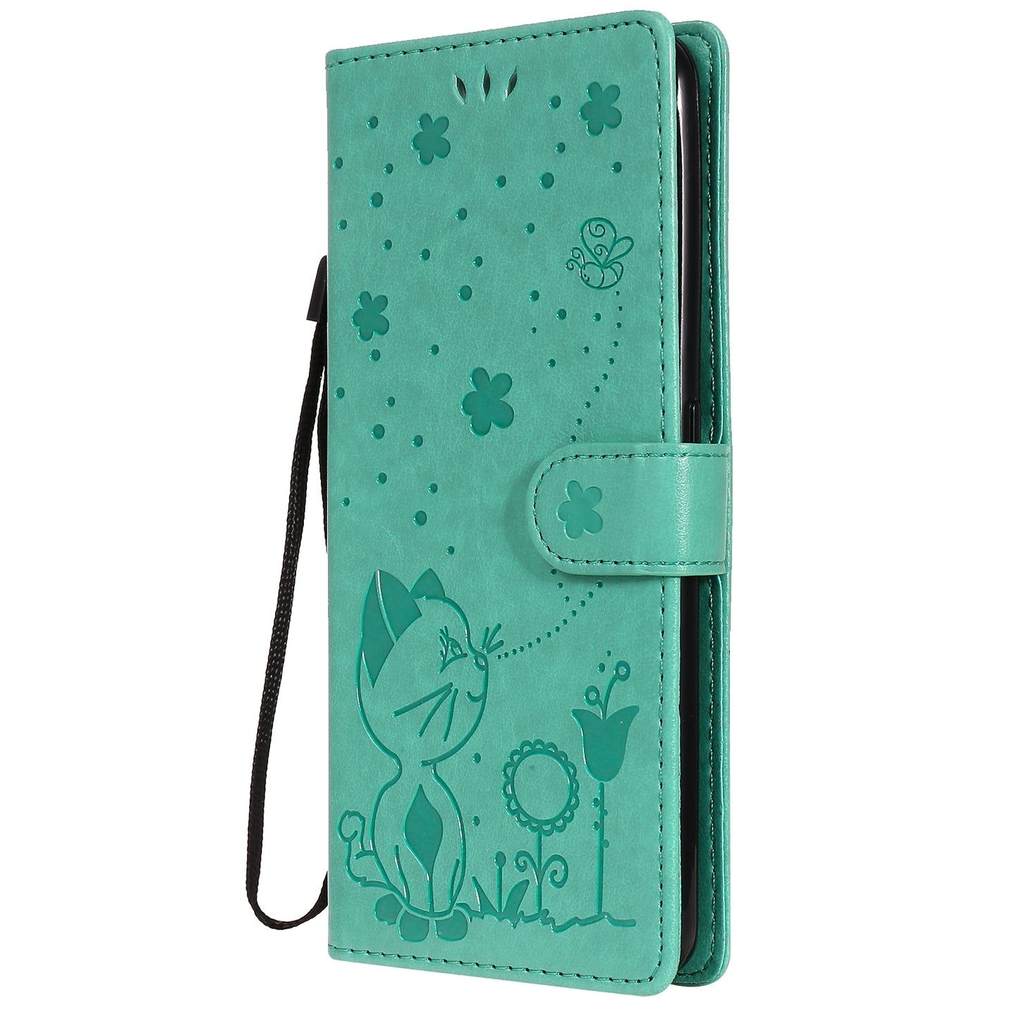 For OPPO Realme 7 Pro Cat and Bee Embossed Flip Leather Phone Case Wallet Cover with Card Slots Cash Pocket Magnetic Stand Protective Shockproof TPU PU Leather Case with Wrist Strap