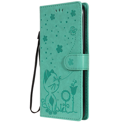 For OPPO Realme 7 Pro Cat and Bee Embossed Flip Leather Phone Case Wallet Cover with Card Slots Cash Pocket Magnetic Stand Protective Shockproof TPU PU Leather Case with Wrist Strap