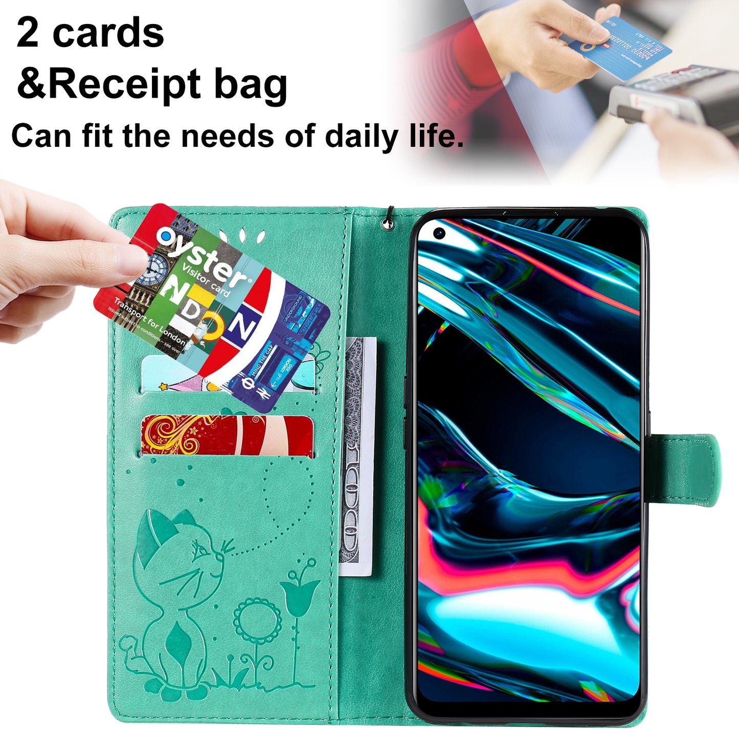 For OPPO Realme 7 Pro Cat and Bee Embossed Flip Leather Phone Case Wallet Cover with Card Slots Cash Pocket Magnetic Stand Protective Shockproof TPU PU Leather Case with Wrist Strap