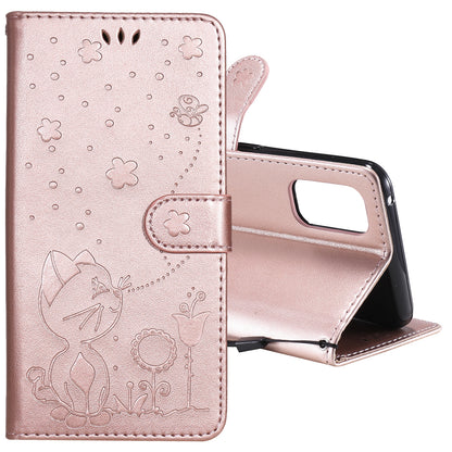 For OPPO Realme 7 Pro Cat and Bee Embossed Flip Leather Phone Case Wallet Cover with Card Slots Cash Pocket Magnetic Stand Protective Shockproof TPU PU Leather Case with Wrist Strap