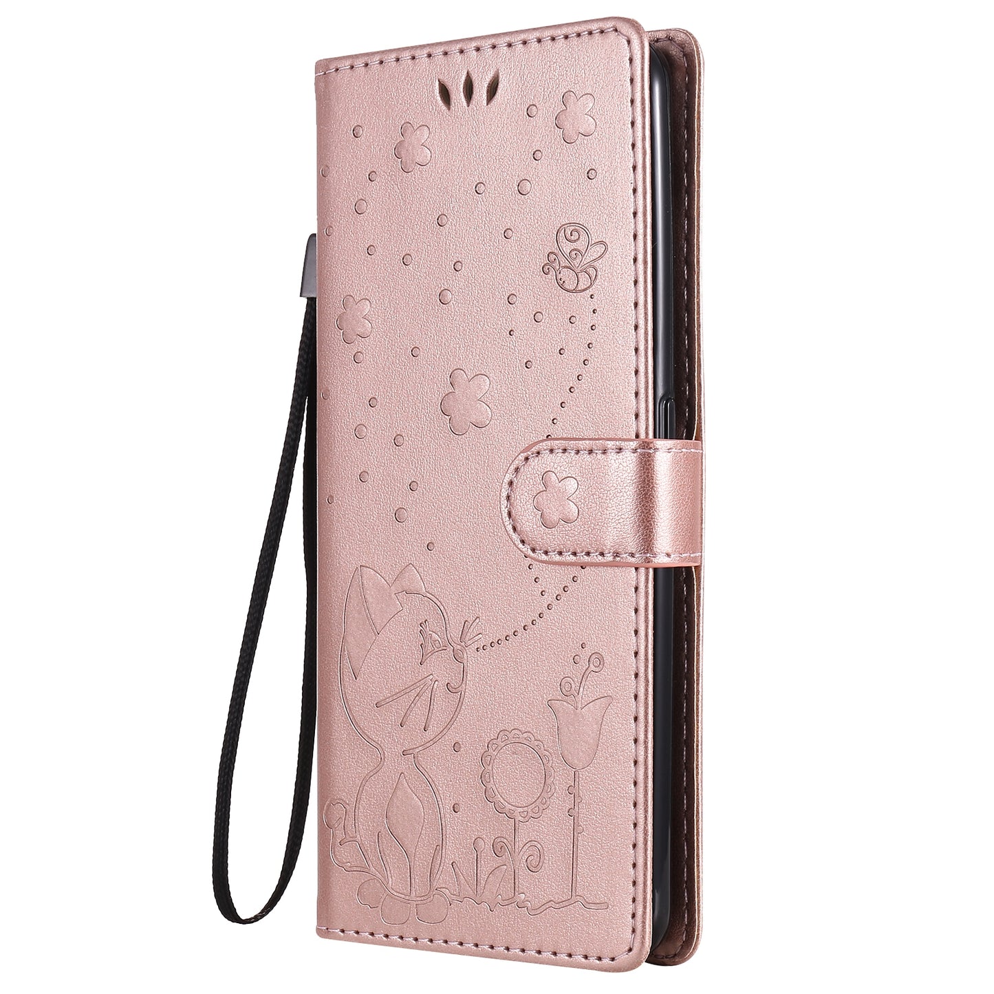 For OPPO Realme 7 Pro Cat and Bee Embossed Flip Leather Phone Case Wallet Cover with Card Slots Cash Pocket Magnetic Stand Protective Shockproof TPU PU Leather Case with Wrist Strap