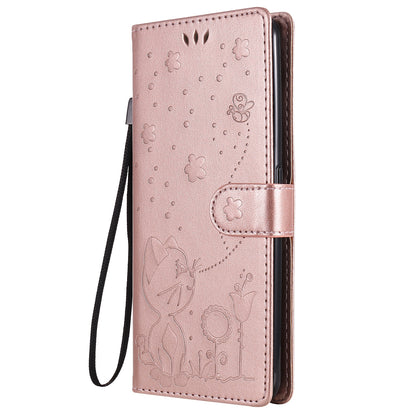 For OPPO Realme 7 Pro Cat and Bee Embossed Flip Leather Phone Case Wallet Cover with Card Slots Cash Pocket Magnetic Stand Protective Shockproof TPU PU Leather Case with Wrist Strap