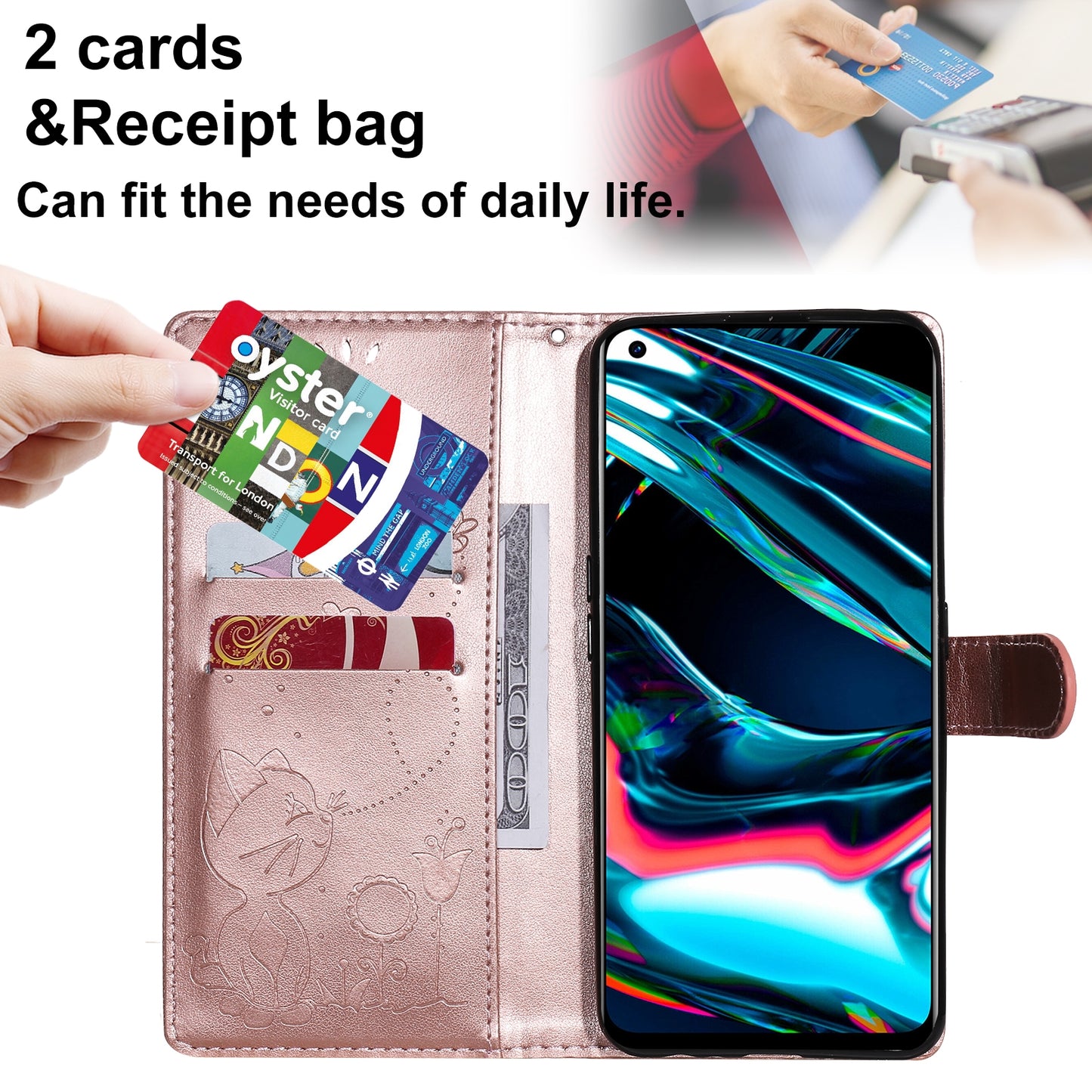 For OPPO Realme 7 Pro Cat and Bee Embossed Flip Leather Phone Case Wallet Cover with Card Slots Cash Pocket Magnetic Stand Protective Shockproof TPU PU Leather Case with Wrist Strap