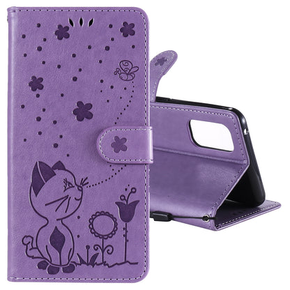 For OPPO Realme 7 Pro Cat and Bee Embossed Flip Leather Phone Case Wallet Cover with Card Slots Cash Pocket Magnetic Stand Protective Shockproof TPU PU Leather Case with Wrist Strap