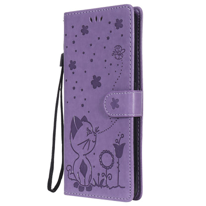 For OPPO Realme 7 Pro Cat and Bee Embossed Flip Leather Phone Case Wallet Cover with Card Slots Cash Pocket Magnetic Stand Protective Shockproof TPU PU Leather Case with Wrist Strap