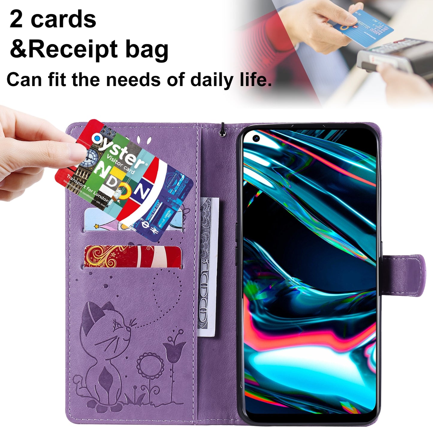 For OPPO Realme 7 Pro Cat and Bee Embossed Flip Leather Phone Case Wallet Cover with Card Slots Cash Pocket Magnetic Stand Protective Shockproof TPU PU Leather Case with Wrist Strap
