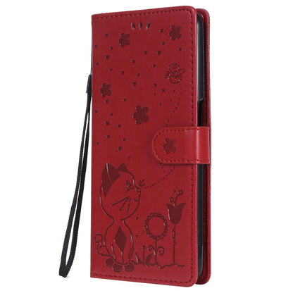 For OPPO Realme 7 5G Cat and Bee Embossed Flip Leather Phone Case Wallet Cover with Card Slots Cash Pocket Magnetic Stand Protective Shockproof TPU PU Leather Case with Wrist Strap