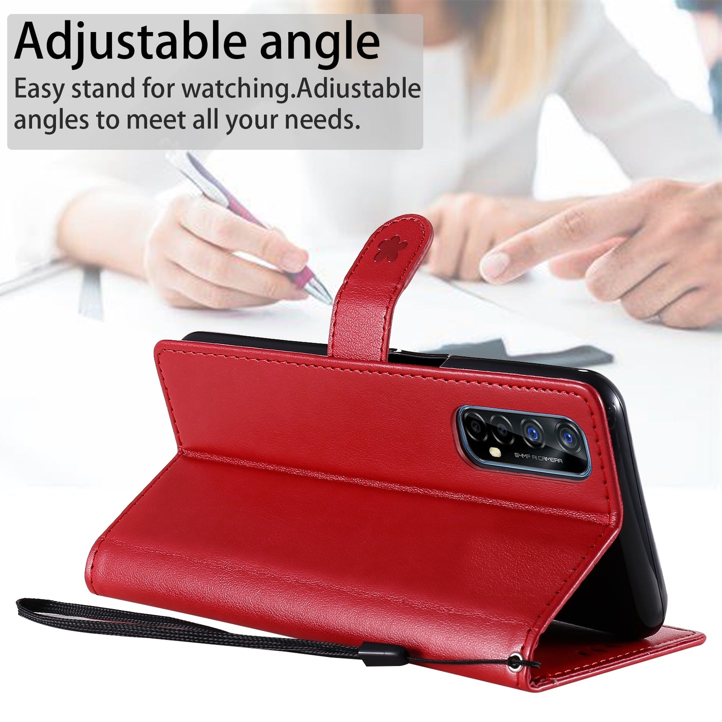 For OPPO Realme 7 5G Cat and Bee Embossed Flip Leather Phone Case Wallet Cover with Card Slots Cash Pocket Magnetic Stand Protective Shockproof TPU PU Leather Case with Wrist Strap