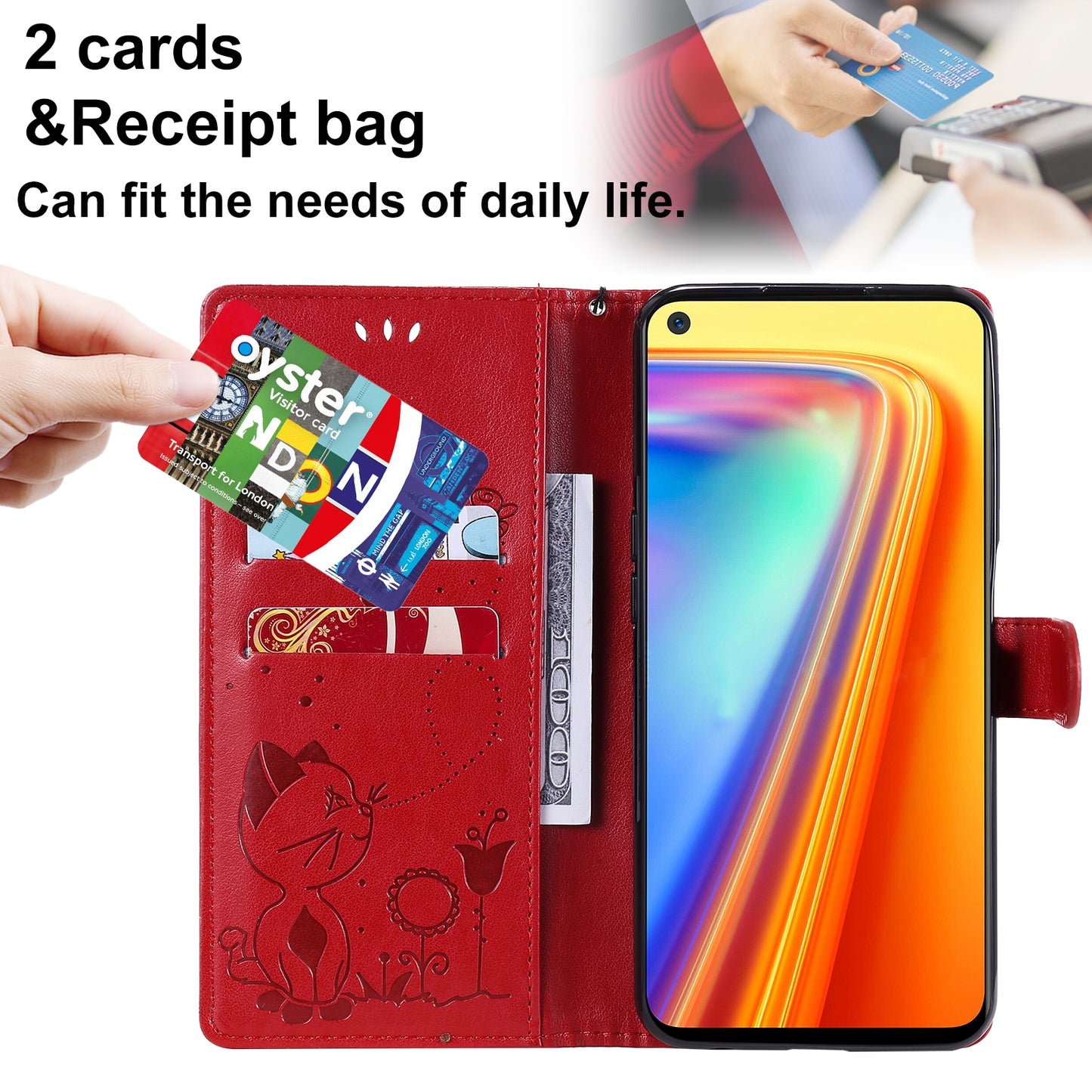 For OPPO Realme 7 5G Cat and Bee Embossed Flip Leather Phone Case Wallet Cover with Card Slots Cash Pocket Magnetic Stand Protective Shockproof TPU PU Leather Case with Wrist Strap