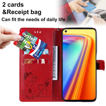 For OPPO Realme 7 5G Cat and Bee Embossed Flip Leather Phone Case Wallet Cover with Card Slots Cash Pocket Magnetic Stand Protective Shockproof TPU PU Leather Case with Wrist Strap