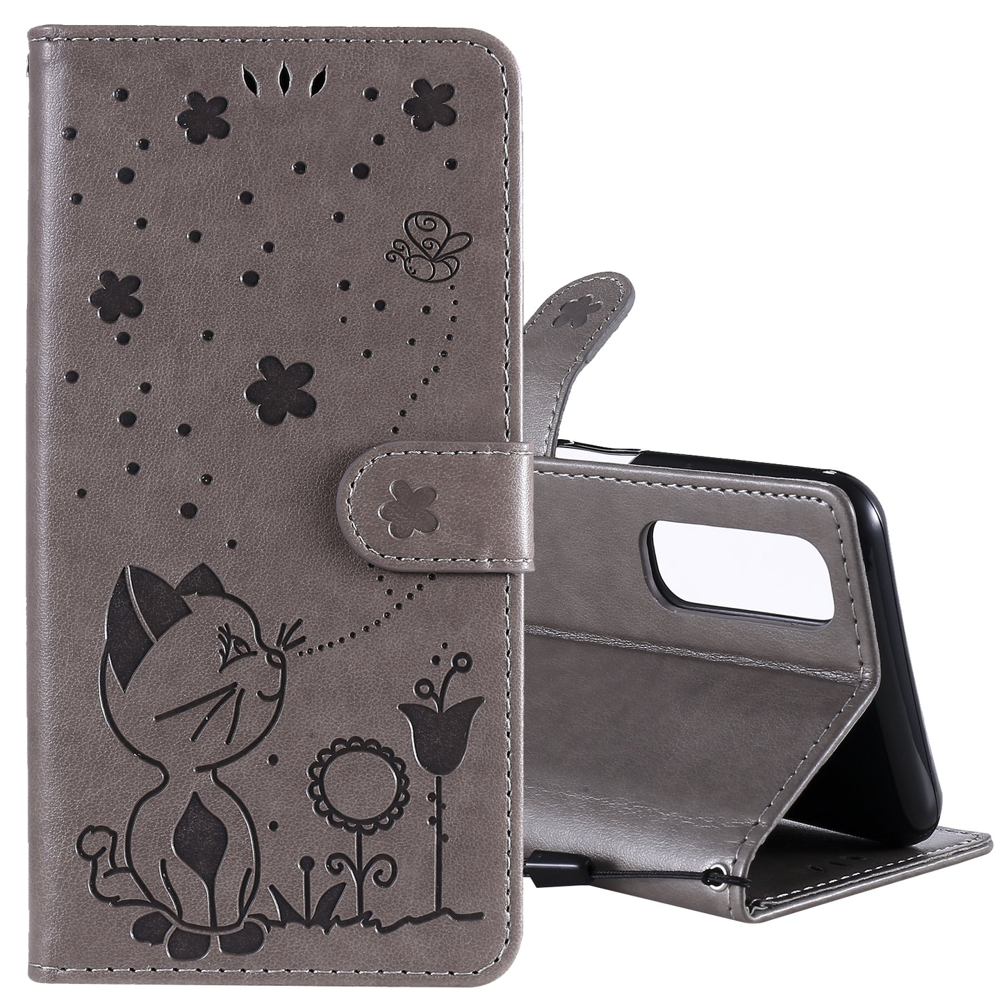 For OPPO Realme 7 5G Cat and Bee Embossed Flip Leather Phone Case Wallet Cover with Card Slots Cash Pocket Magnetic Stand Protective Shockproof TPU PU Leather Case with Wrist Strap