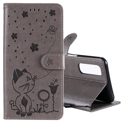 For OPPO Realme 7 5G Cat and Bee Embossed Flip Leather Phone Case Wallet Cover with Card Slots Cash Pocket Magnetic Stand Protective Shockproof TPU PU Leather Case with Wrist Strap