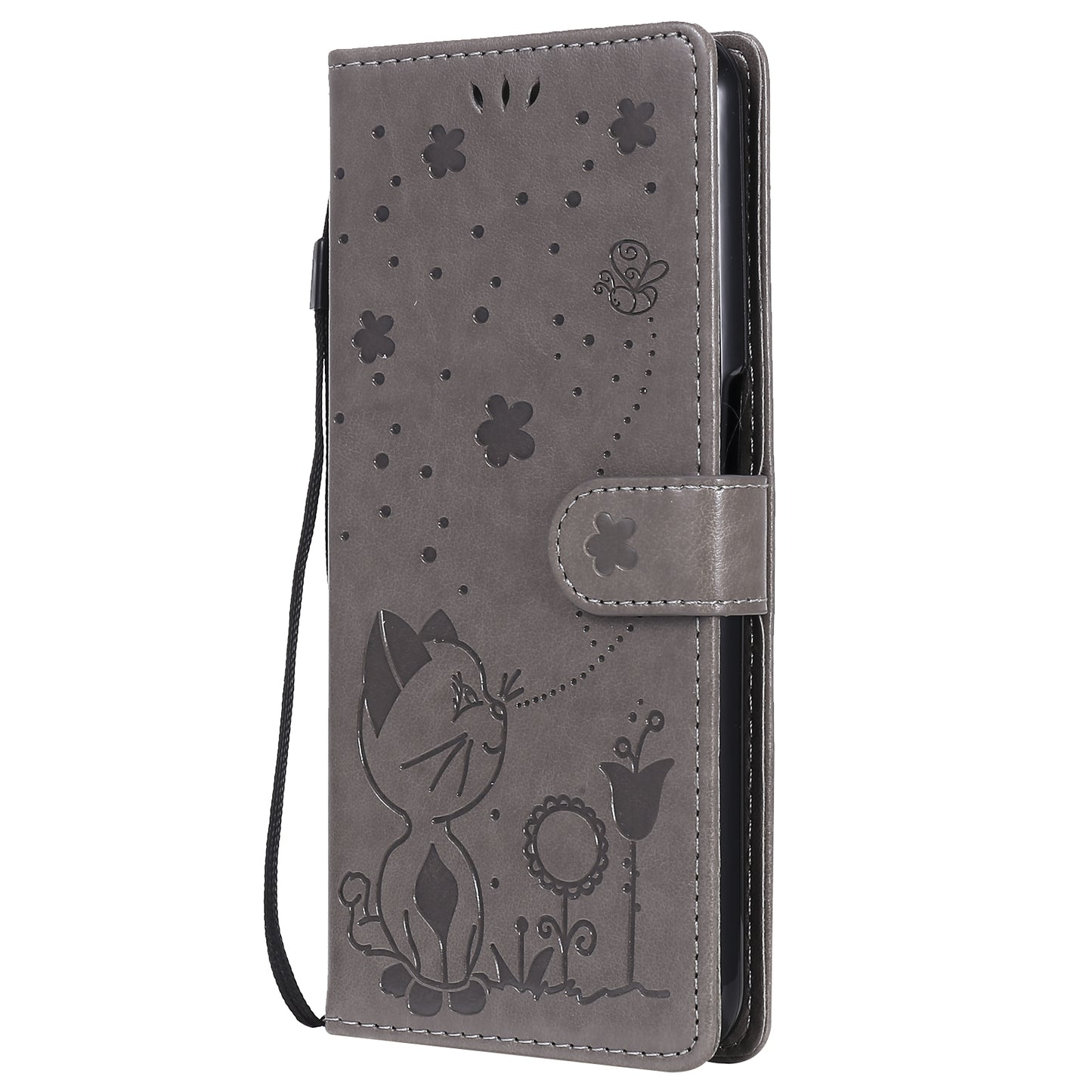 For OPPO Realme 7 5G Cat and Bee Embossed Flip Leather Phone Case Wallet Cover with Card Slots Cash Pocket Magnetic Stand Protective Shockproof TPU PU Leather Case with Wrist Strap