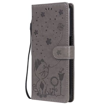 For OPPO Realme 7 5G Cat and Bee Embossed Flip Leather Phone Case Wallet Cover with Card Slots Cash Pocket Magnetic Stand Protective Shockproof TPU PU Leather Case with Wrist Strap