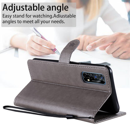 For OPPO Realme 7 5G Cat and Bee Embossed Flip Leather Phone Case Wallet Cover with Card Slots Cash Pocket Magnetic Stand Protective Shockproof TPU PU Leather Case with Wrist Strap