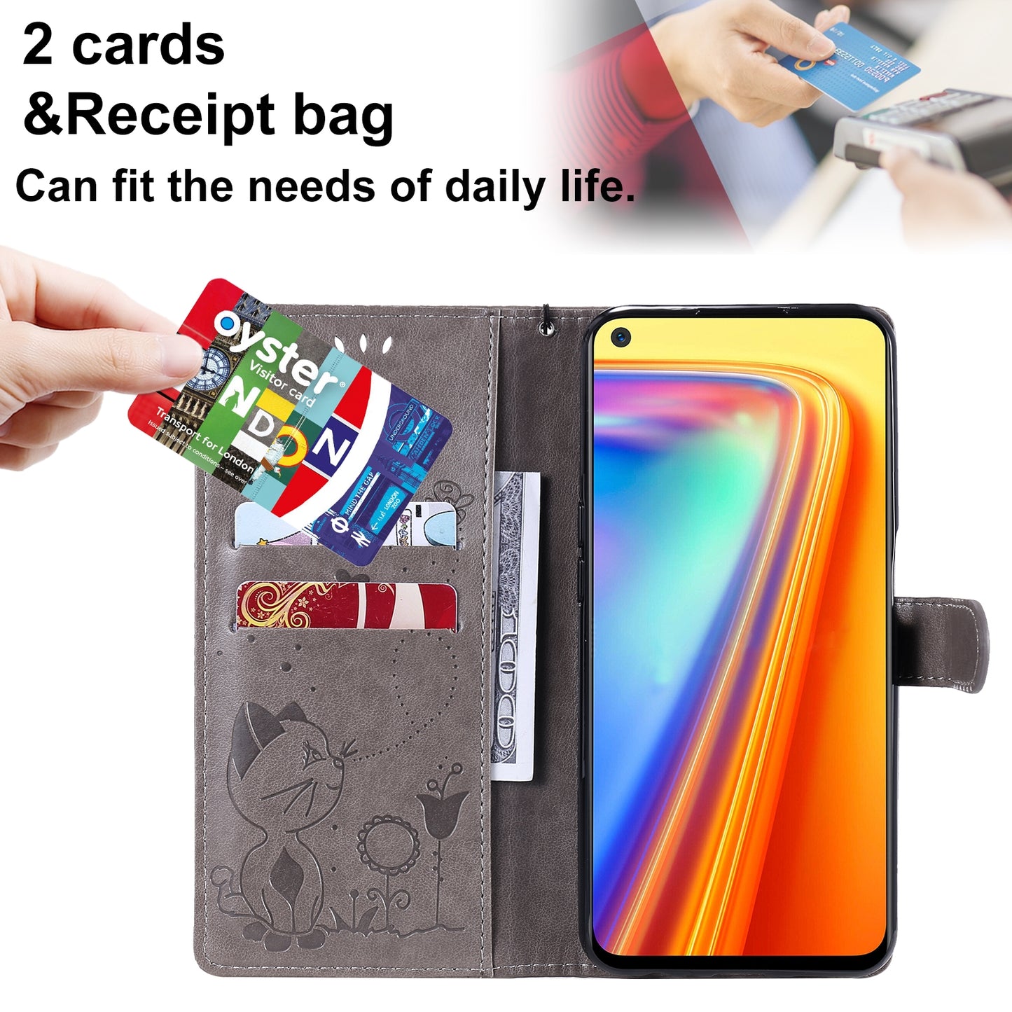 For OPPO Realme 7 5G Cat and Bee Embossed Flip Leather Phone Case Wallet Cover with Card Slots Cash Pocket Magnetic Stand Protective Shockproof TPU PU Leather Case with Wrist Strap