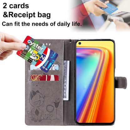 For OPPO Realme 7 5G Cat and Bee Embossed Flip Leather Phone Case Wallet Cover with Card Slots Cash Pocket Magnetic Stand Protective Shockproof TPU PU Leather Case with Wrist Strap