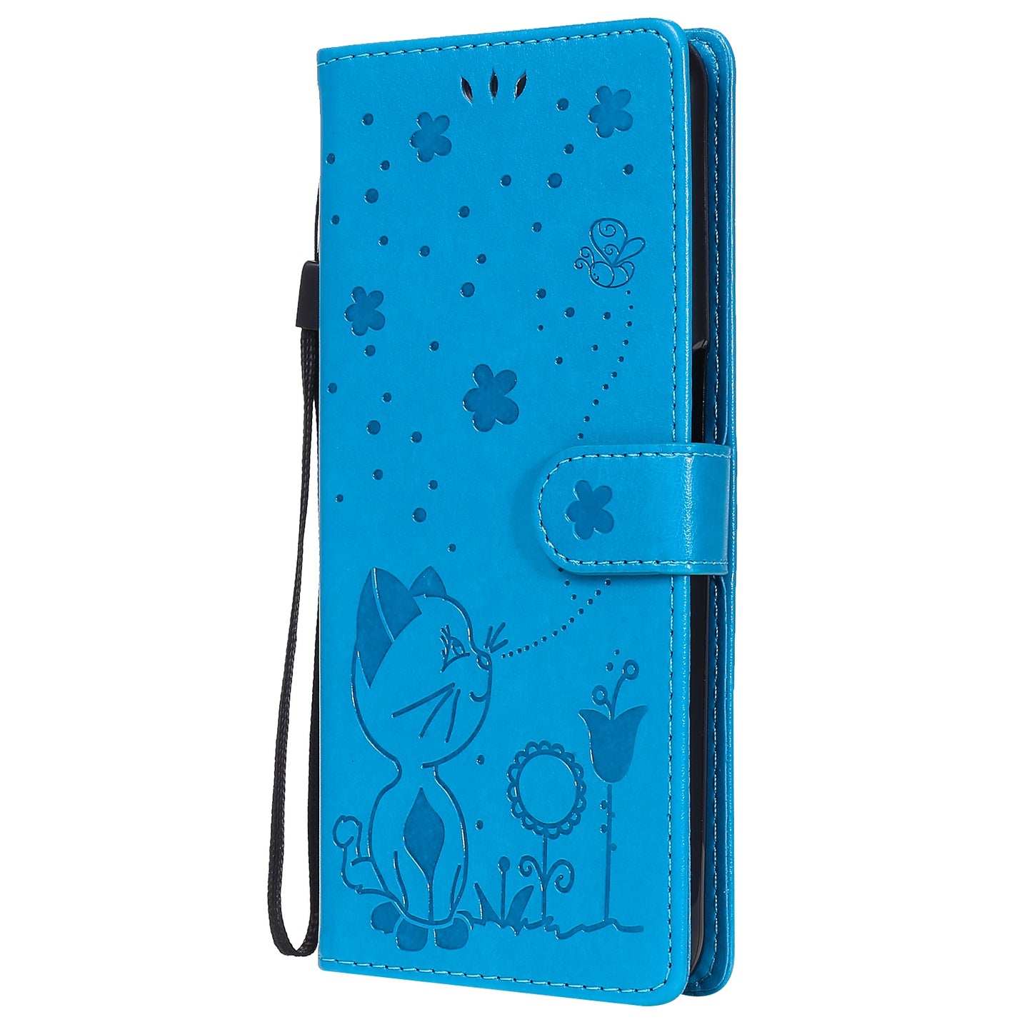 For OPPO Realme 7 5G Cat and Bee Embossed Flip Leather Phone Case Wallet Cover with Card Slots Cash Pocket Magnetic Stand Protective Shockproof TPU PU Leather Case with Wrist Strap