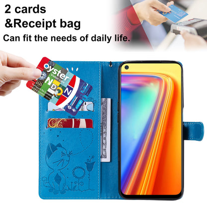 For OPPO Realme 7 5G Cat and Bee Embossed Flip Leather Phone Case Wallet Cover with Card Slots Cash Pocket Magnetic Stand Protective Shockproof TPU PU Leather Case with Wrist Strap