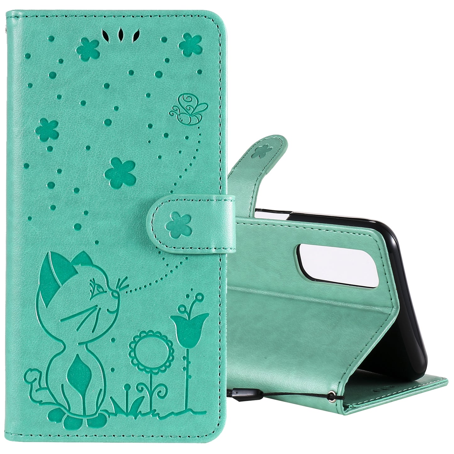 For OPPO Realme 7 5G Cat and Bee Embossed Flip Leather Phone Case Wallet Cover with Card Slots Cash Pocket Magnetic Stand Protective Shockproof TPU PU Leather Case with Wrist Strap