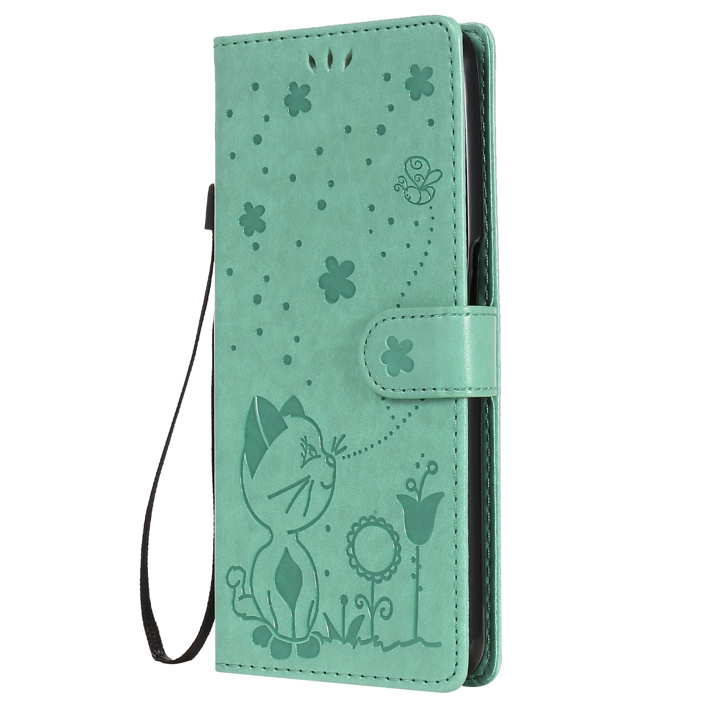 For OPPO Realme 7 5G Cat and Bee Embossed Flip Leather Phone Case Wallet Cover with Card Slots Cash Pocket Magnetic Stand Protective Shockproof TPU PU Leather Case with Wrist Strap
