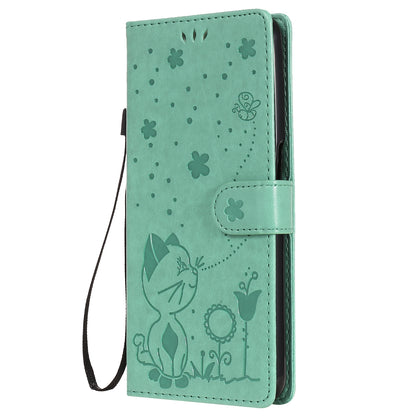 For OPPO Realme 7 5G Cat and Bee Embossed Flip Leather Phone Case Wallet Cover with Card Slots Cash Pocket Magnetic Stand Protective Shockproof TPU PU Leather Case with Wrist Strap