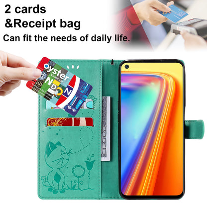 For OPPO Realme 7 5G Cat and Bee Embossed Flip Leather Phone Case Wallet Cover with Card Slots Cash Pocket Magnetic Stand Protective Shockproof TPU PU Leather Case with Wrist Strap