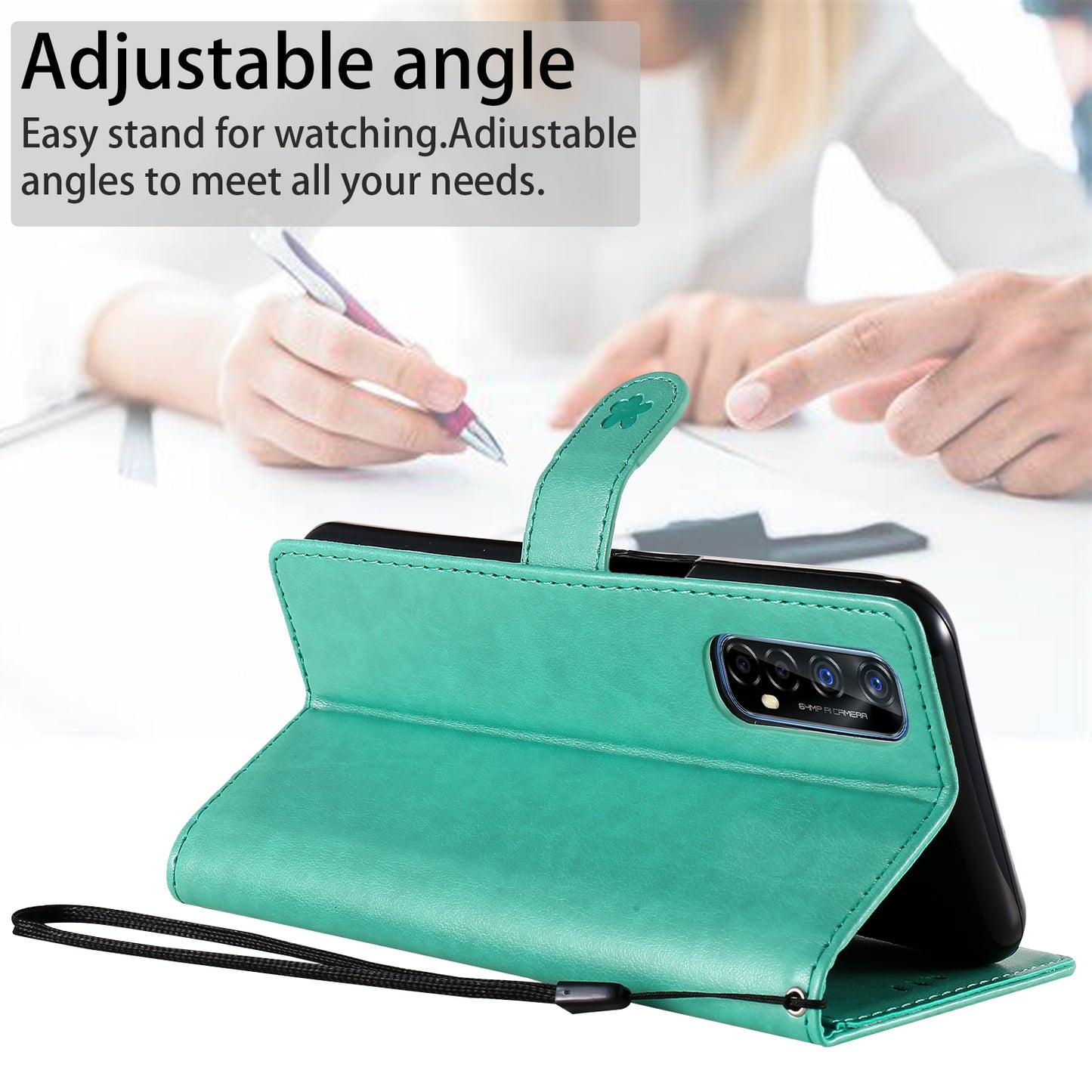 For OPPO Realme 7 5G Cat and Bee Embossed Flip Leather Phone Case Wallet Cover with Card Slots Cash Pocket Magnetic Stand Protective Shockproof TPU PU Leather Case with Wrist Strap