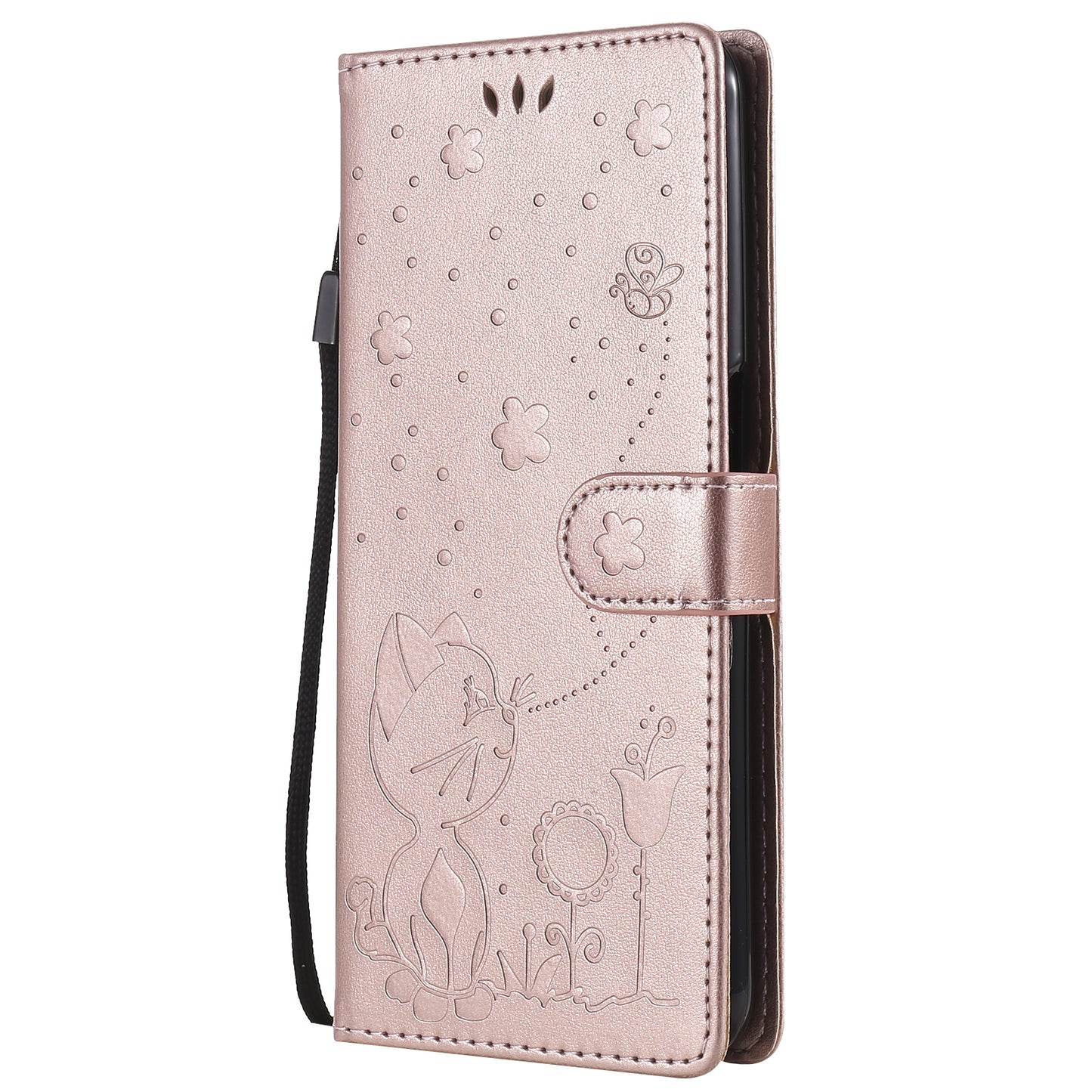 For OPPO Realme 7 5G Cat and Bee Embossed Flip Leather Phone Case Wallet Cover with Card Slots Cash Pocket Magnetic Stand Protective Shockproof TPU PU Leather Case with Wrist Strap