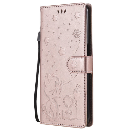 For OPPO Realme 7 5G Cat and Bee Embossed Flip Leather Phone Case Wallet Cover with Card Slots Cash Pocket Magnetic Stand Protective Shockproof TPU PU Leather Case with Wrist Strap