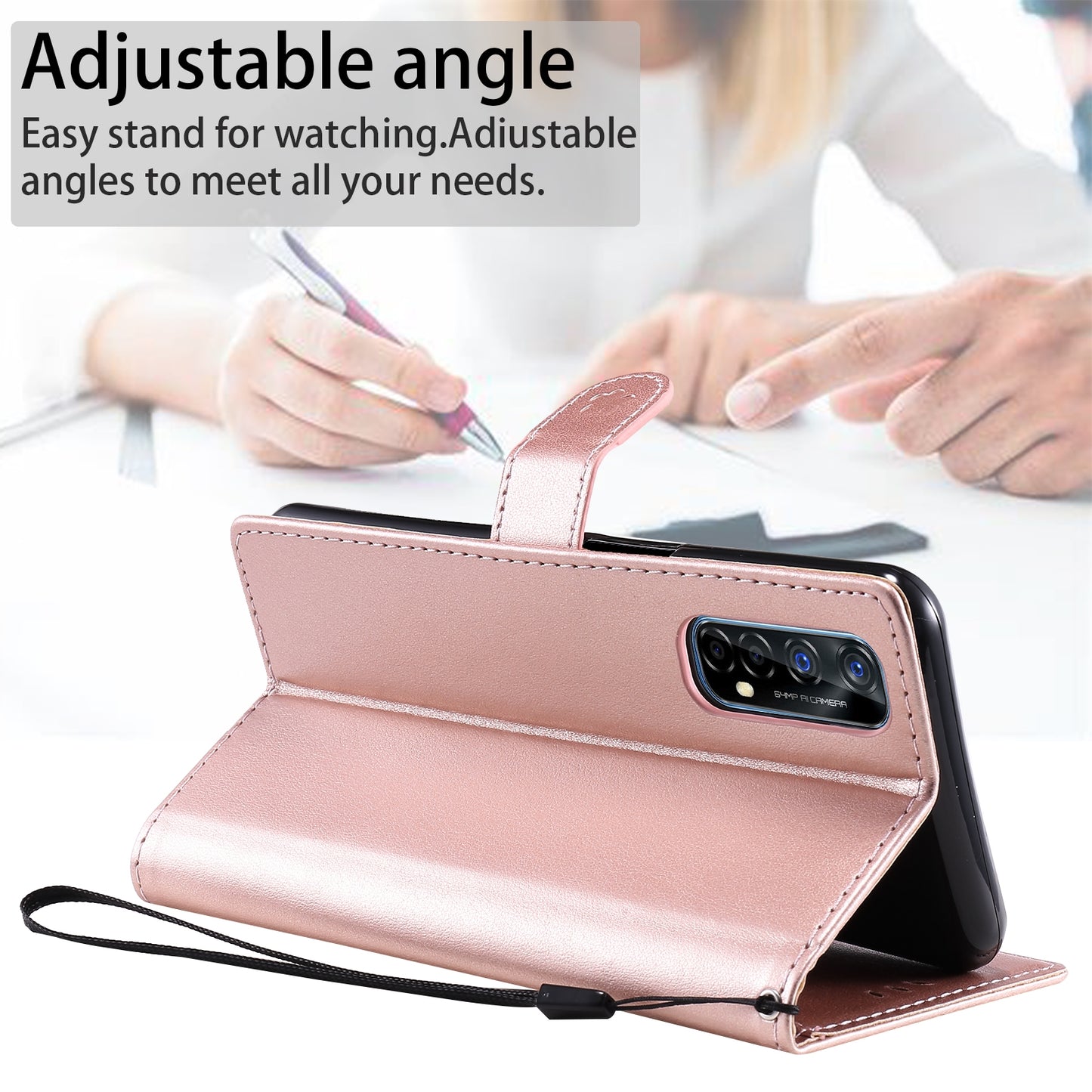For OPPO Realme 7 5G Cat and Bee Embossed Flip Leather Phone Case Wallet Cover with Card Slots Cash Pocket Magnetic Stand Protective Shockproof TPU PU Leather Case with Wrist Strap