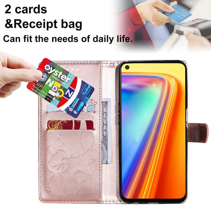 For OPPO Realme 7 5G Cat and Bee Embossed Flip Leather Phone Case Wallet Cover with Card Slots Cash Pocket Magnetic Stand Protective Shockproof TPU PU Leather Case with Wrist Strap