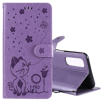 For OPPO Realme 7 5G Cat and Bee Embossed Flip Leather Phone Case Wallet Cover with Card Slots Cash Pocket Magnetic Stand Protective Shockproof TPU PU Leather Case with Wrist Strap