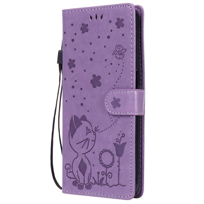 For OPPO Realme 7 5G Cat and Bee Embossed Flip Leather Phone Case Wallet Cover with Card Slots Cash Pocket Magnetic Stand Protective Shockproof TPU PU Leather Case with Wrist Strap