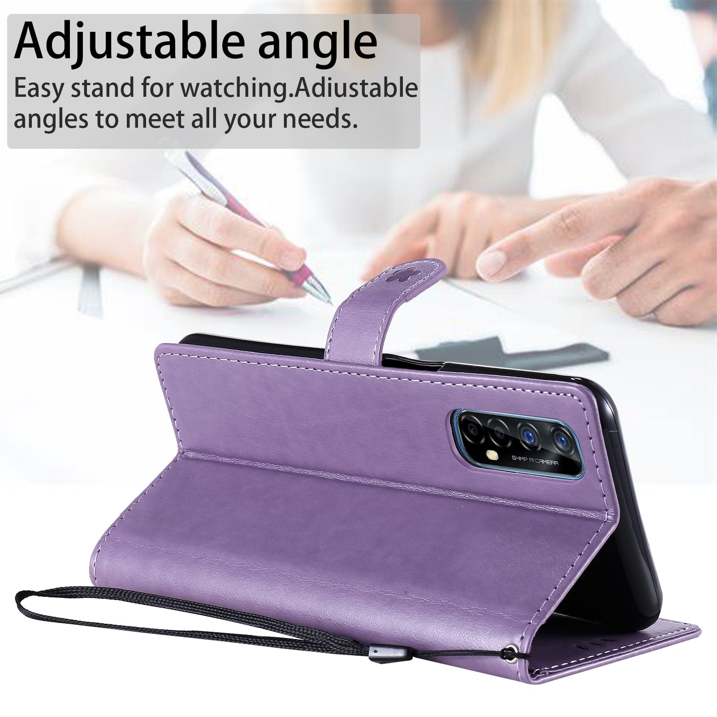 For OPPO Realme 7 5G Cat and Bee Embossed Flip Leather Phone Case Wallet Cover with Card Slots Cash Pocket Magnetic Stand Protective Shockproof TPU PU Leather Case with Wrist Strap
