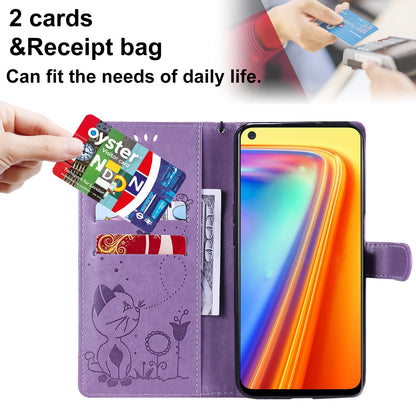 For OPPO Realme 7 5G Cat and Bee Embossed Flip Leather Phone Case Wallet Cover with Card Slots Cash Pocket Magnetic Stand Protective Shockproof TPU PU Leather Case with Wrist Strap
