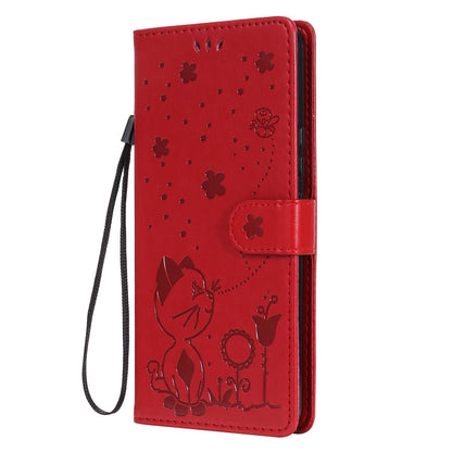 For OPPO C17 Cat and Bee Embossed Flip Leather Phone Case Wallet Cover with Card Slots Cash Pocket Magnetic Stand Protective Shockproof TPU PU Leather Case with Wrist Strap