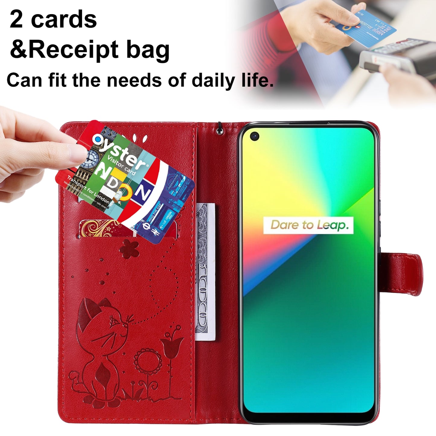 For OPPO Realme 7i Cat and Bee Embossed Flip Leather Phone Case Wallet Cover with Card Slots Cash Pocket Magnetic Stand Protective Shockproof TPU PU Leather Case with Wrist Strap