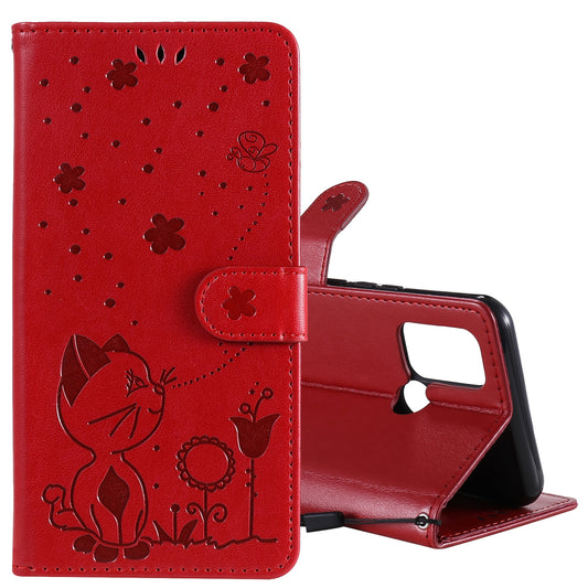 For OPPO C17 Cat and Bee Embossed Flip Leather Phone Case Wallet Cover with Card Slots Cash Pocket Magnetic Stand Protective Shockproof TPU PU Leather Case with Wrist Strap
