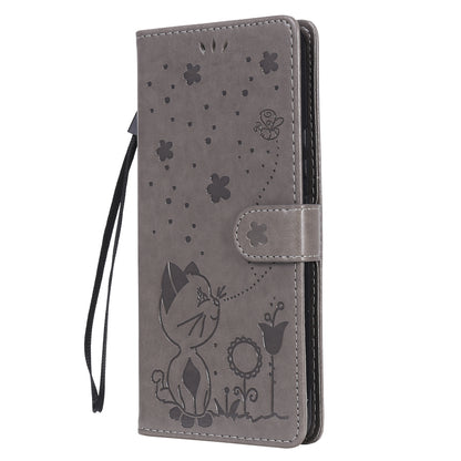 For OPPO Realme 7i Cat and Bee Embossed Flip Leather Phone Case Wallet Cover with Card Slots Cash Pocket Magnetic Stand Protective Shockproof TPU PU Leather Case with Wrist Strap