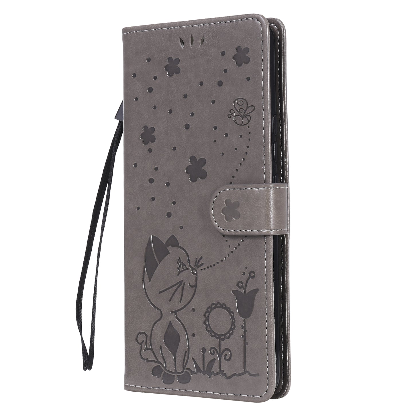 For OPPO C17 Cat and Bee Embossed Flip Leather Phone Case Wallet Cover with Card Slots Cash Pocket Magnetic Stand Protective Shockproof TPU PU Leather Case with Wrist Strap