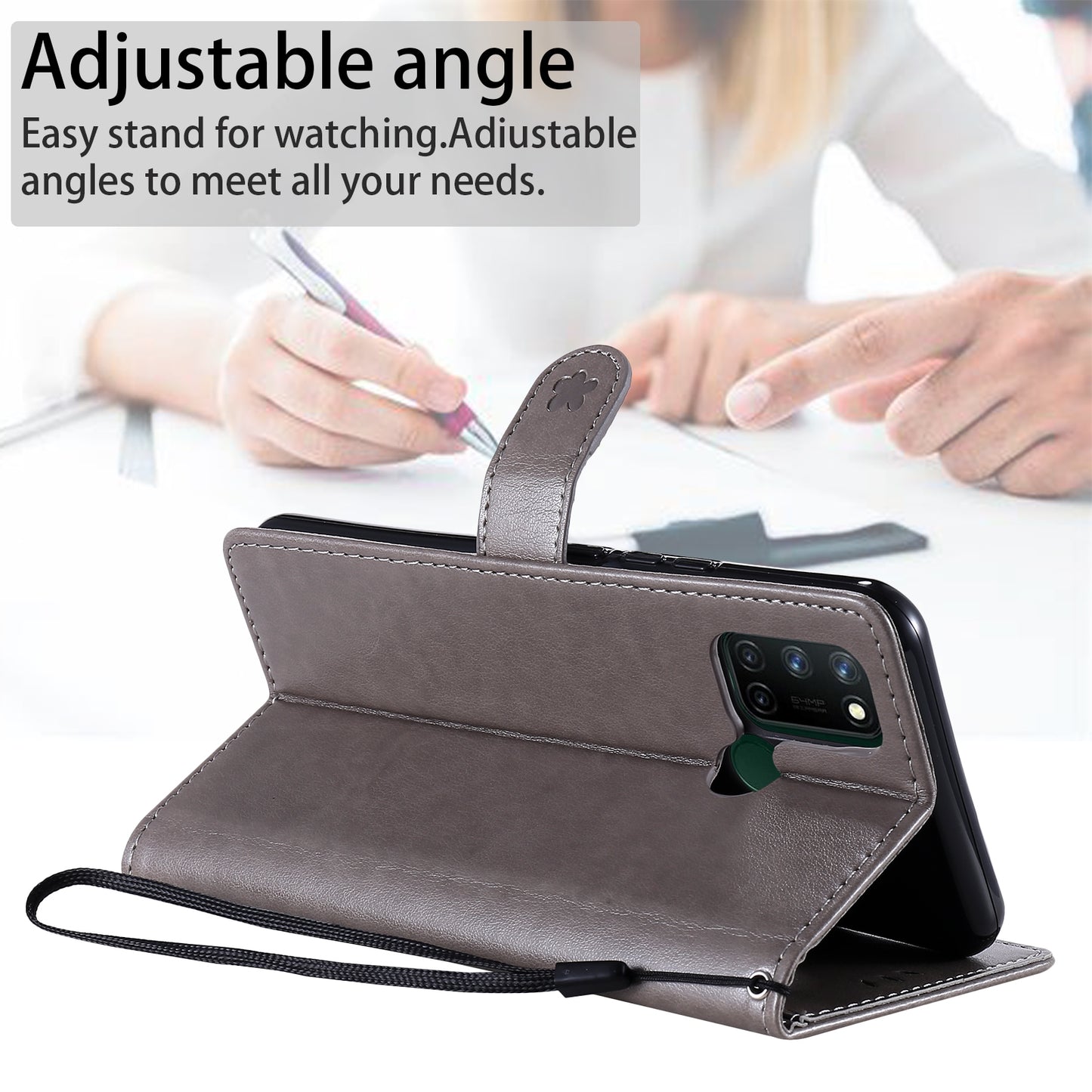 For OPPO C17 Cat and Bee Embossed Flip Leather Phone Case Wallet Cover with Card Slots Cash Pocket Magnetic Stand Protective Shockproof TPU PU Leather Case with Wrist Strap