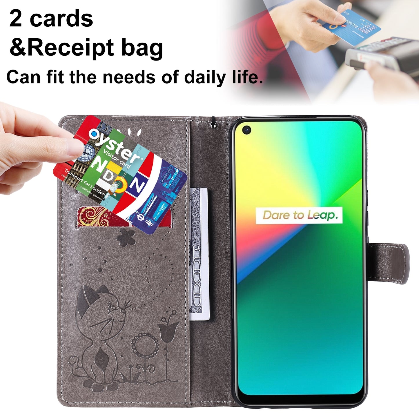 For OPPO Realme 7i Cat and Bee Embossed Flip Leather Phone Case Wallet Cover with Card Slots Cash Pocket Magnetic Stand Protective Shockproof TPU PU Leather Case with Wrist Strap