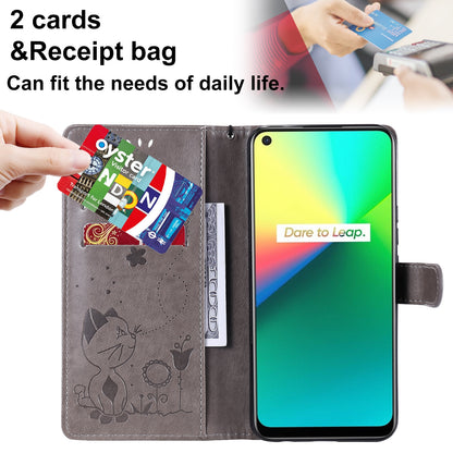 For OPPO Realme 7i Cat and Bee Embossed Flip Leather Phone Case Wallet Cover with Card Slots Cash Pocket Magnetic Stand Protective Shockproof TPU PU Leather Case with Wrist Strap