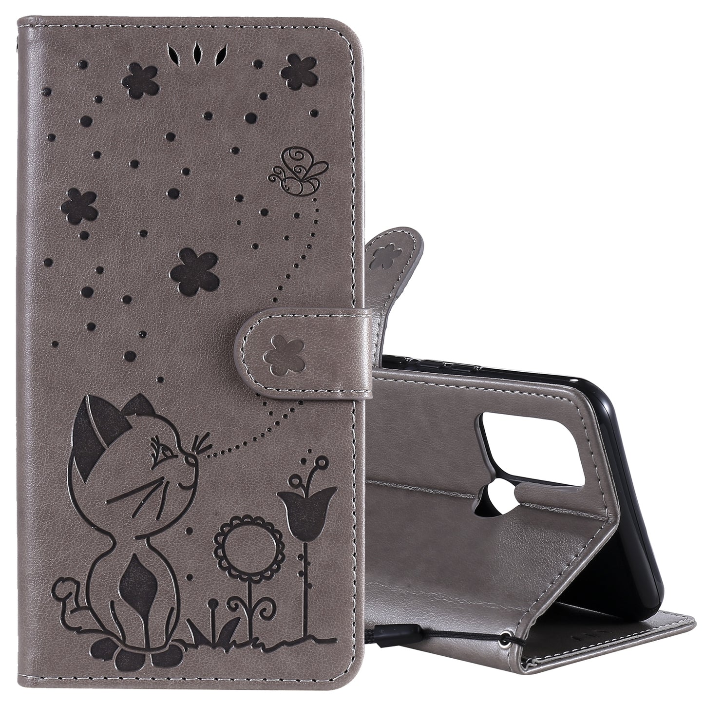 For OPPO C17 Cat and Bee Embossed Flip Leather Phone Case Wallet Cover with Card Slots Cash Pocket Magnetic Stand Protective Shockproof TPU PU Leather Case with Wrist Strap